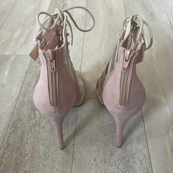 NWOT JustFab Katty Lace-Up Stiletto Heel Booties Cocktail Party Metallic Pink 9 - Picture 5 of 7